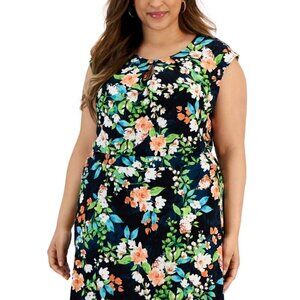 KASPER Plus Size Floral-Print Keyhole Cap Sleeve Stretchy Top NWT